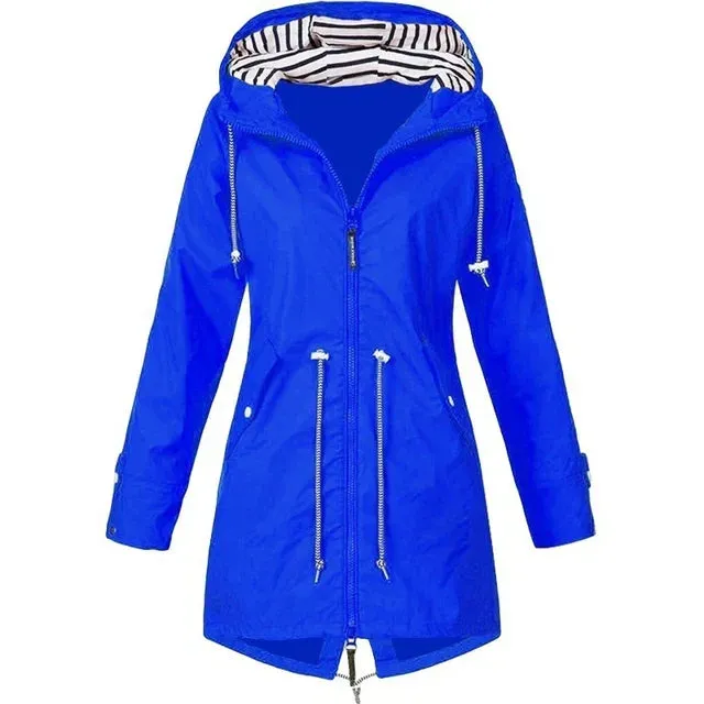 Women's waterproof hoodie trench coat with drawstring waist, zipper and outer pockets