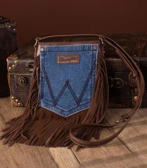 Wrangler Leather Fringe Jean Denim Pocket Crossbody - Coffee |