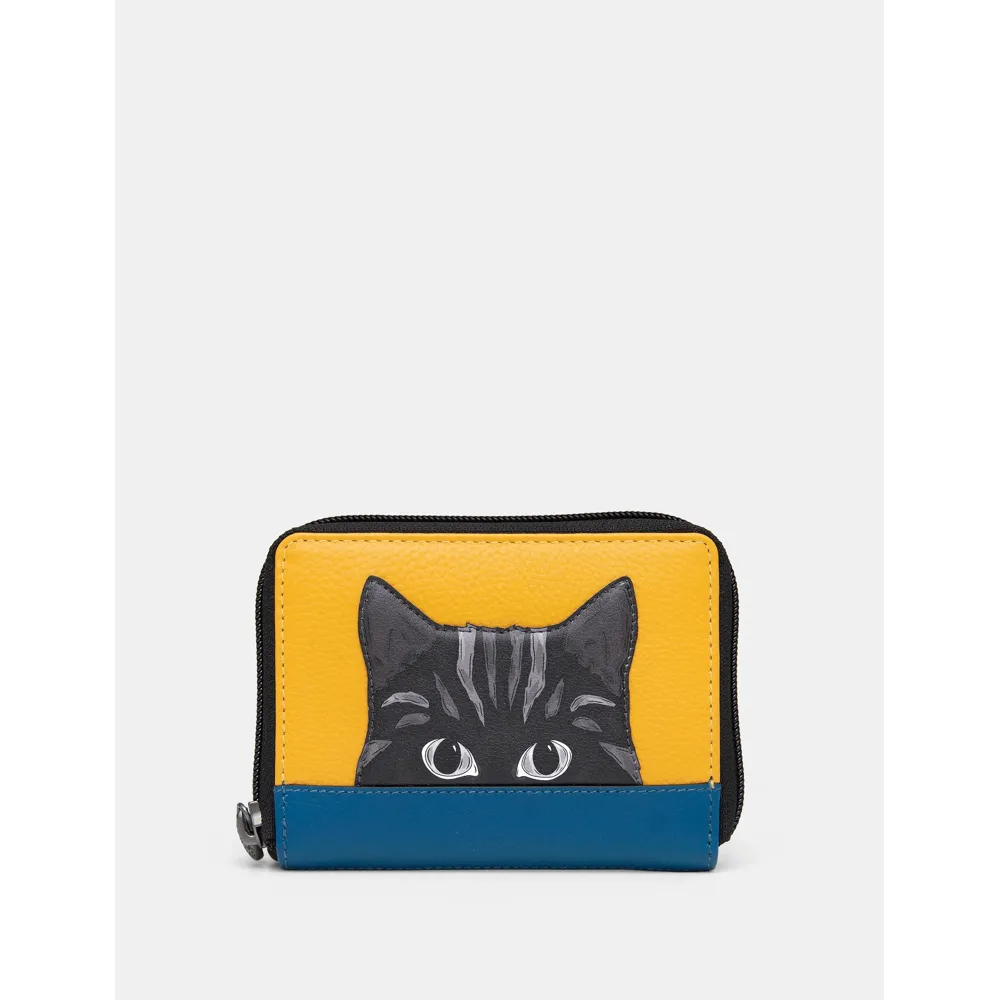 Yoshi Cat Colour Block Compact Zip Round Leather Purse