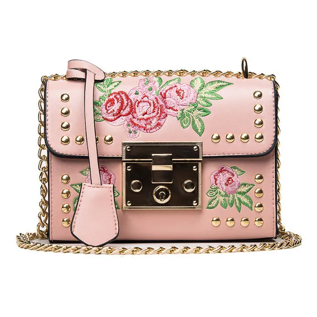 YQYDER Women Embroidery Flower Flap Bag Designer PU Leather Fashion Rivet Messenger Bags Feminina Ladies Small Shoulder Bag Sac