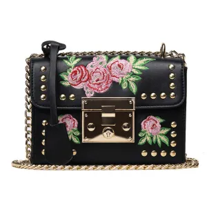 YQYDER Women Embroidery Flower Flap Bag Designer PU Leather Fashion Rivet Messenger Bags Feminina Ladies Small Shoulder Bag Sac