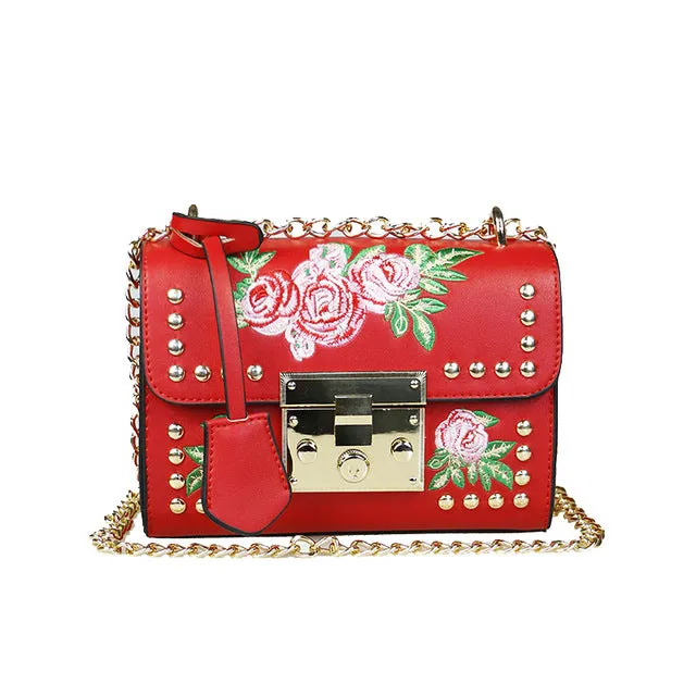 YQYDER Women Embroidery Flower Flap Bag Designer PU Leather Fashion Rivet Messenger Bags Feminina Ladies Small Shoulder Bag Sac