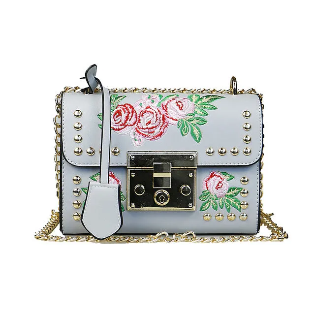 YQYDER Women Embroidery Flower Flap Bag Designer PU Leather Fashion Rivet Messenger Bags Feminina Ladies Small Shoulder Bag Sac