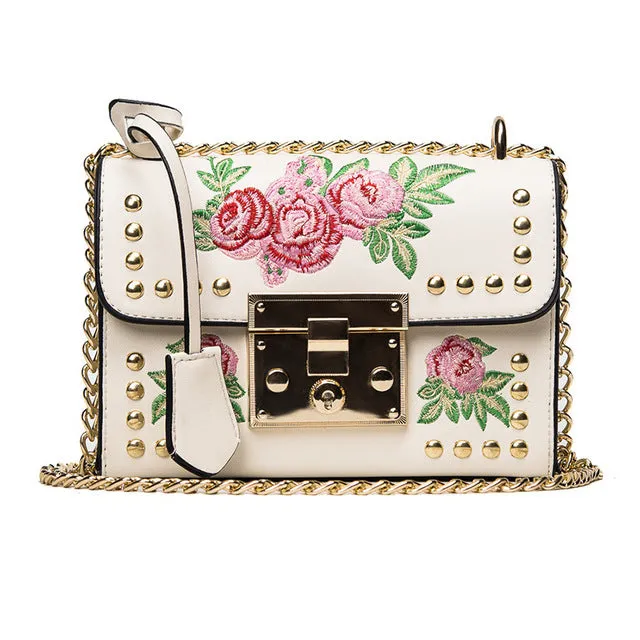 YQYDER Women Embroidery Flower Flap Bag Designer PU Leather Fashion Rivet Messenger Bags Feminina Ladies Small Shoulder Bag Sac