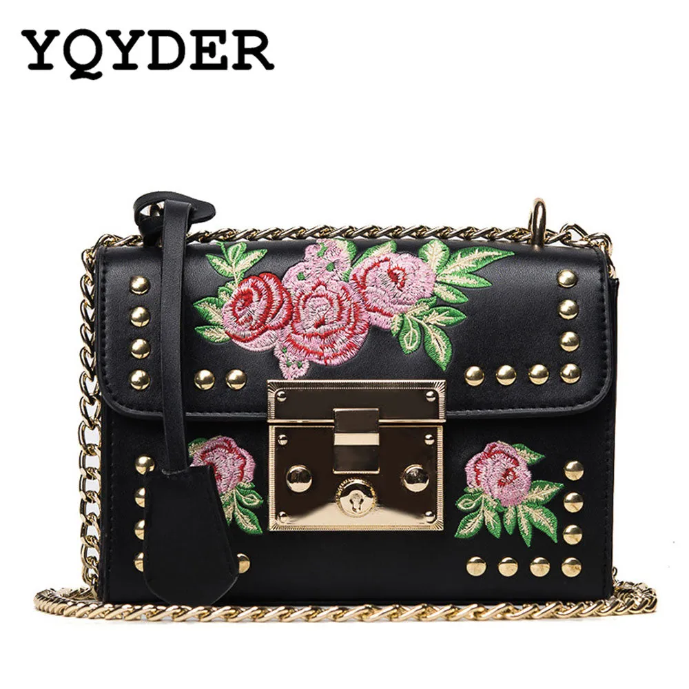 YQYDER Women Embroidery Flower Flap Bag Designer PU Leather Fashion Rivet Messenger Bags Feminina Ladies Small Shoulder Bag Sac