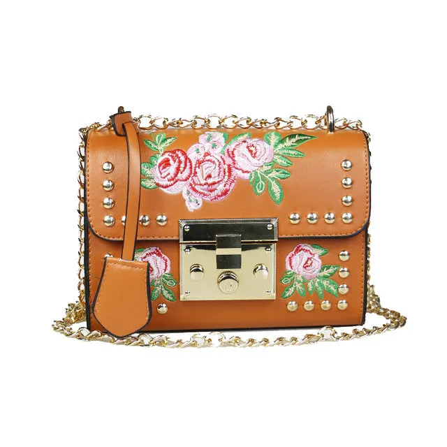YQYDER Women Embroidery Flower Flap Bag Designer PU Leather Fashion Rivet Messenger Bags Feminina Ladies Small Shoulder Bag Sac