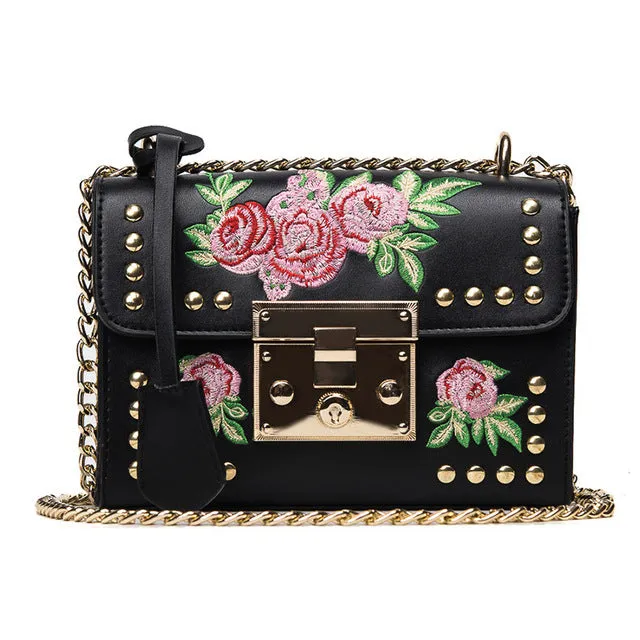YQYDER Women Embroidery Flower Flap Bag Designer PU Leather Fashion Rivet Messenger Bags Feminina Ladies Small Shoulder Bag Sac